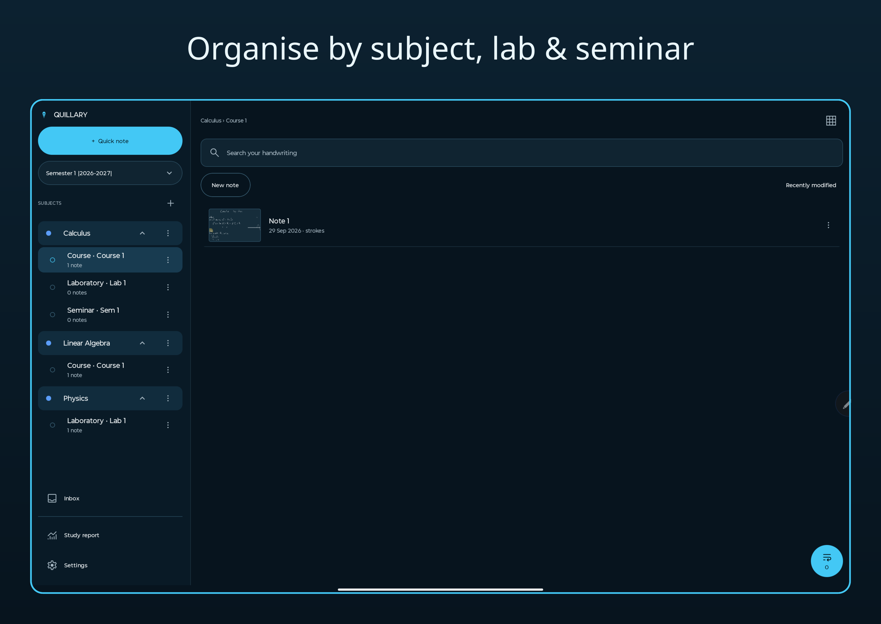 The navigator: subjects, courses and notes grouped by semester