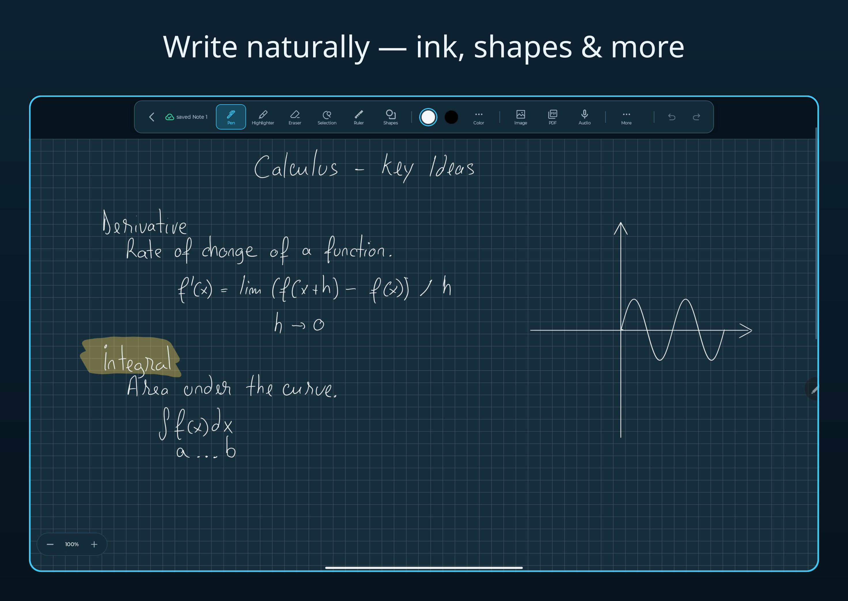 The Quillary editor: a handwritten calculus note with ink, a highlighted term and a sketched graph on an Android tablet