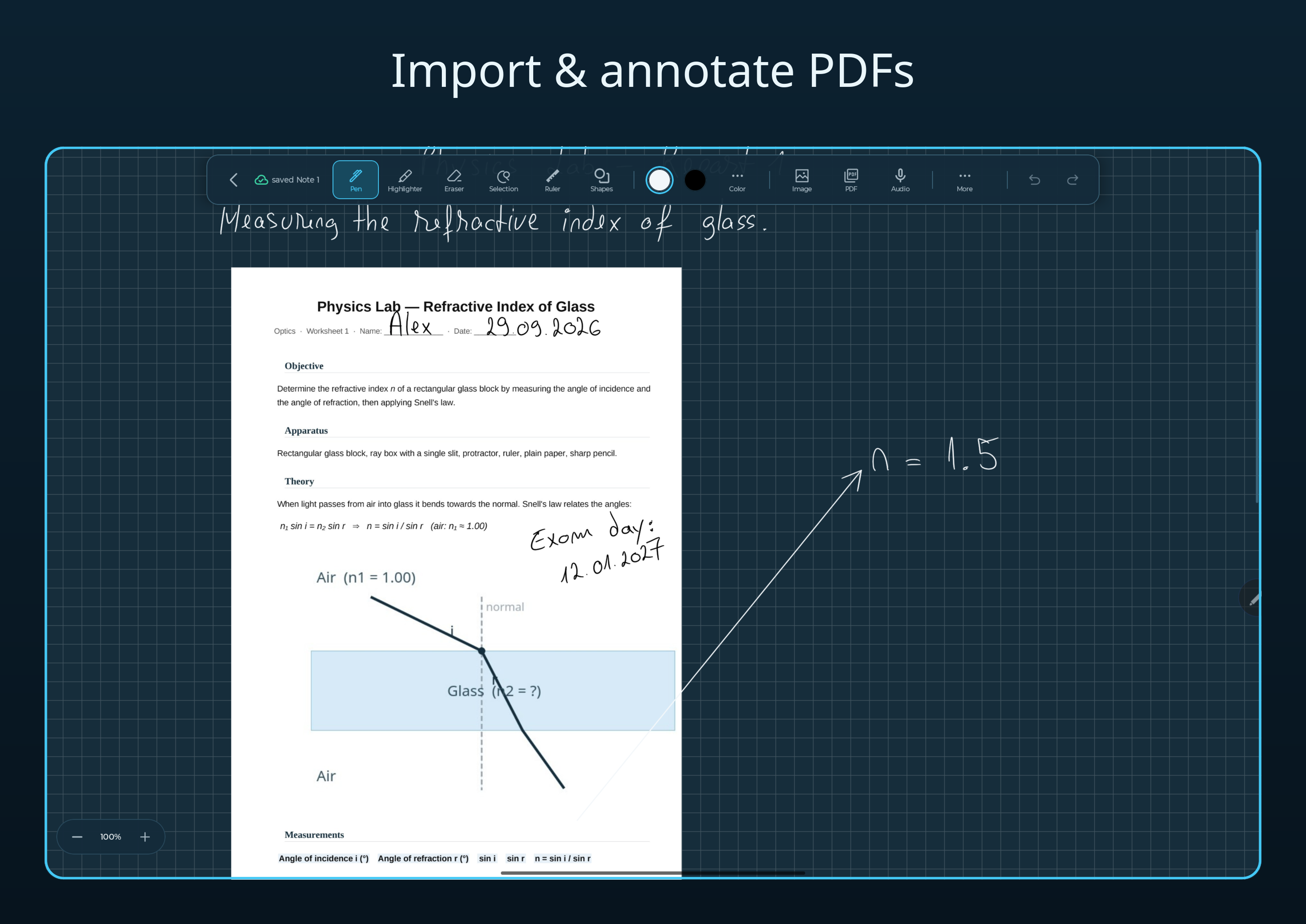 Study Workspace: a PDF open beside a handwritten note